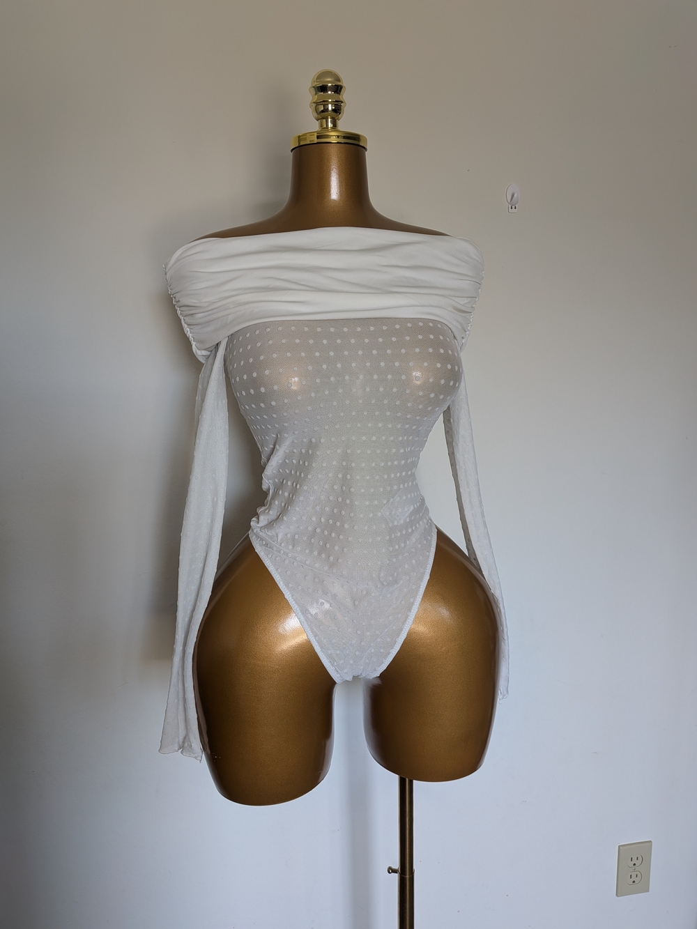 Forever 21 White Sheer Polka Dot Off-Shoulder Bodysuit